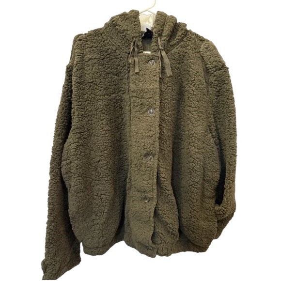 Womens Olive Green Fuzzy Fleece Hooded Jacket Coat Size 2XL - Picture 2 of 3